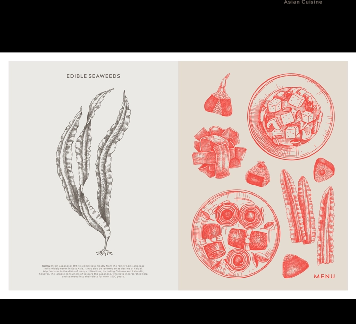 Asian food background. Kombu, laminaria, edible seaweeds, sea vegetable, kelp, healthy food sketches. Hand drawn seafood restaurant menu design template. Engraved vector illustrations in vintage style